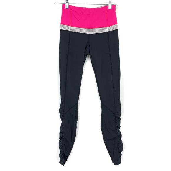 Lululemon Speed Tight Leggings Womens Size 4 Ruched Sides Black Pink - Picture 1 of 6